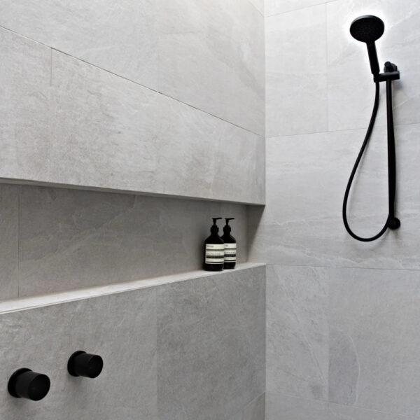 Newly installed Marmox Australia bathroom corner shelves